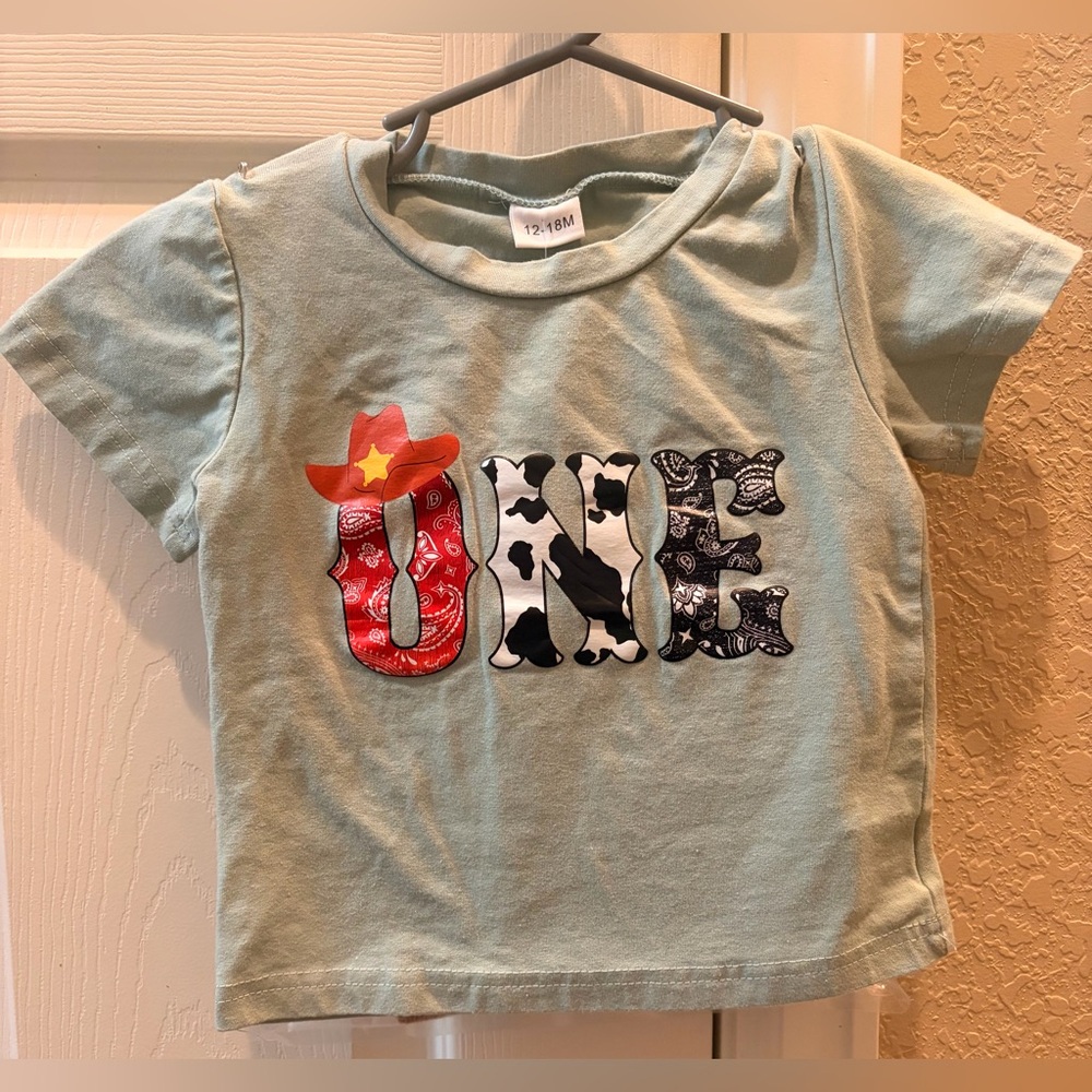 Kids' Sage Green 1st birthday western theme shirt and decorations